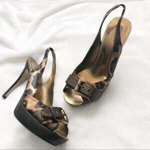 Guess Leopard gold buckle open toe slingback heels size 8